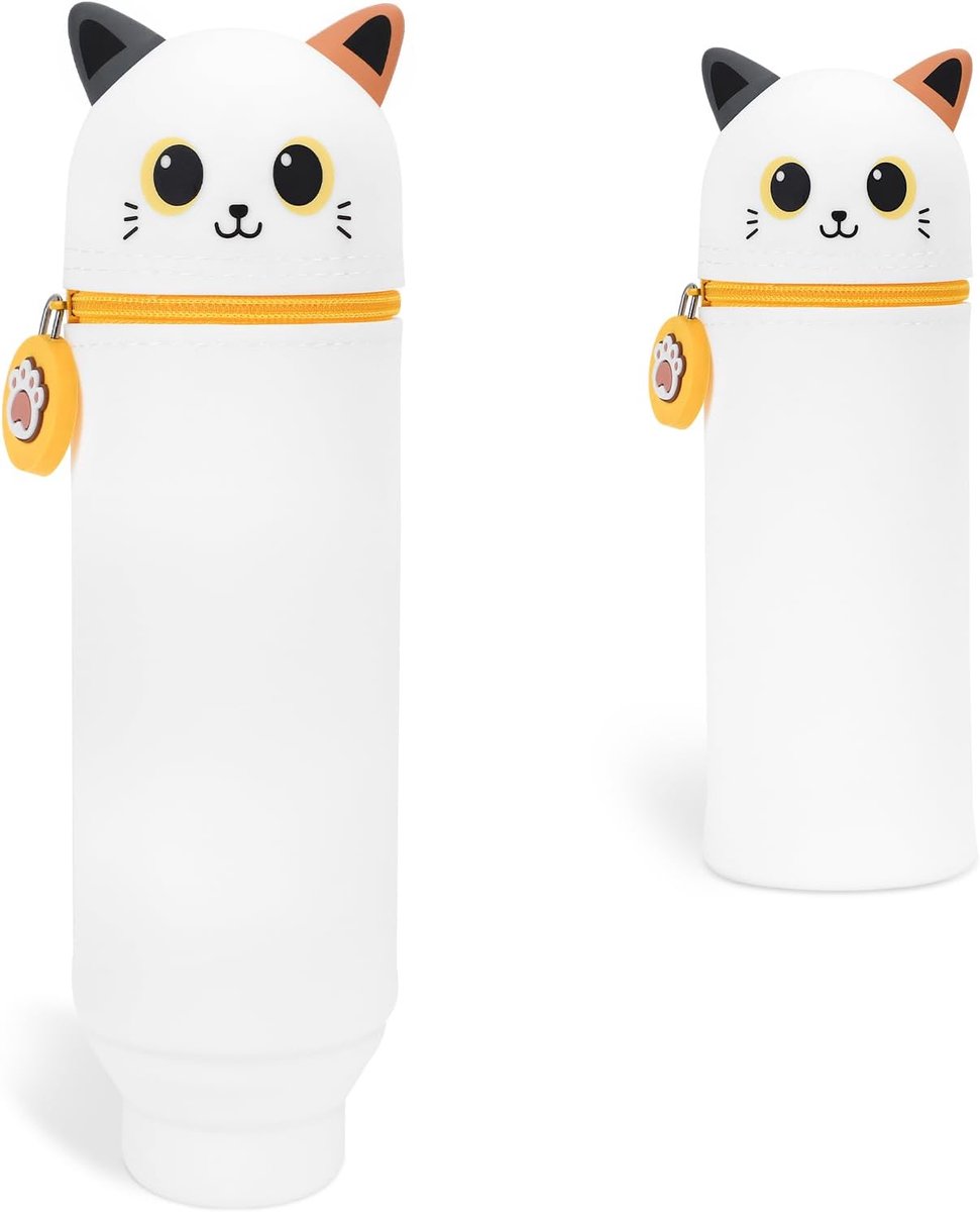 Siliconen Pennenetui, Uitschuifbaar 2-in-1, Grote Capaciteit, Rits Etui voor Kinderen, Bureau Pennenhouder, Multifunctioneel, white cat