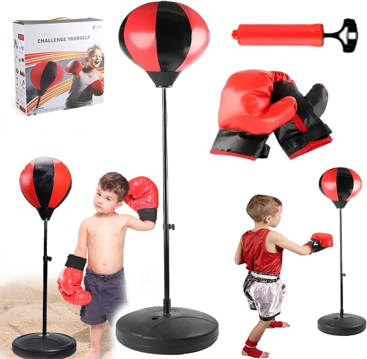 Bokszakset Voor Kinderen, Verstelbare Boksset, Vrijstaande Speedbag, Handschoenen, Luchtpomp, Voor Jongens, Meisjes en Beginners.