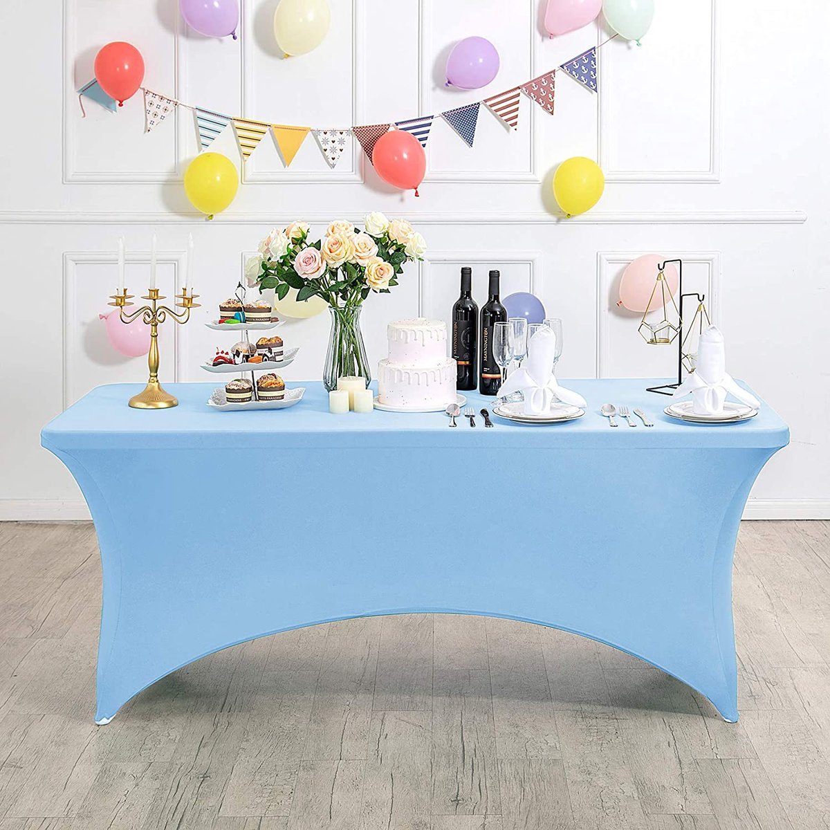 Rechthoekig, rekbaar en vlekbestendig tafelkleed, waterdicht, wasbaar en rekbaar, geschikt voor het decoreren van terrassen, keukens, bruiloften, verjaardagen, feesten, picknicks en andere gelegenheden,Hemelsblauw - 183 x 76 x 76 cm (6 voet)