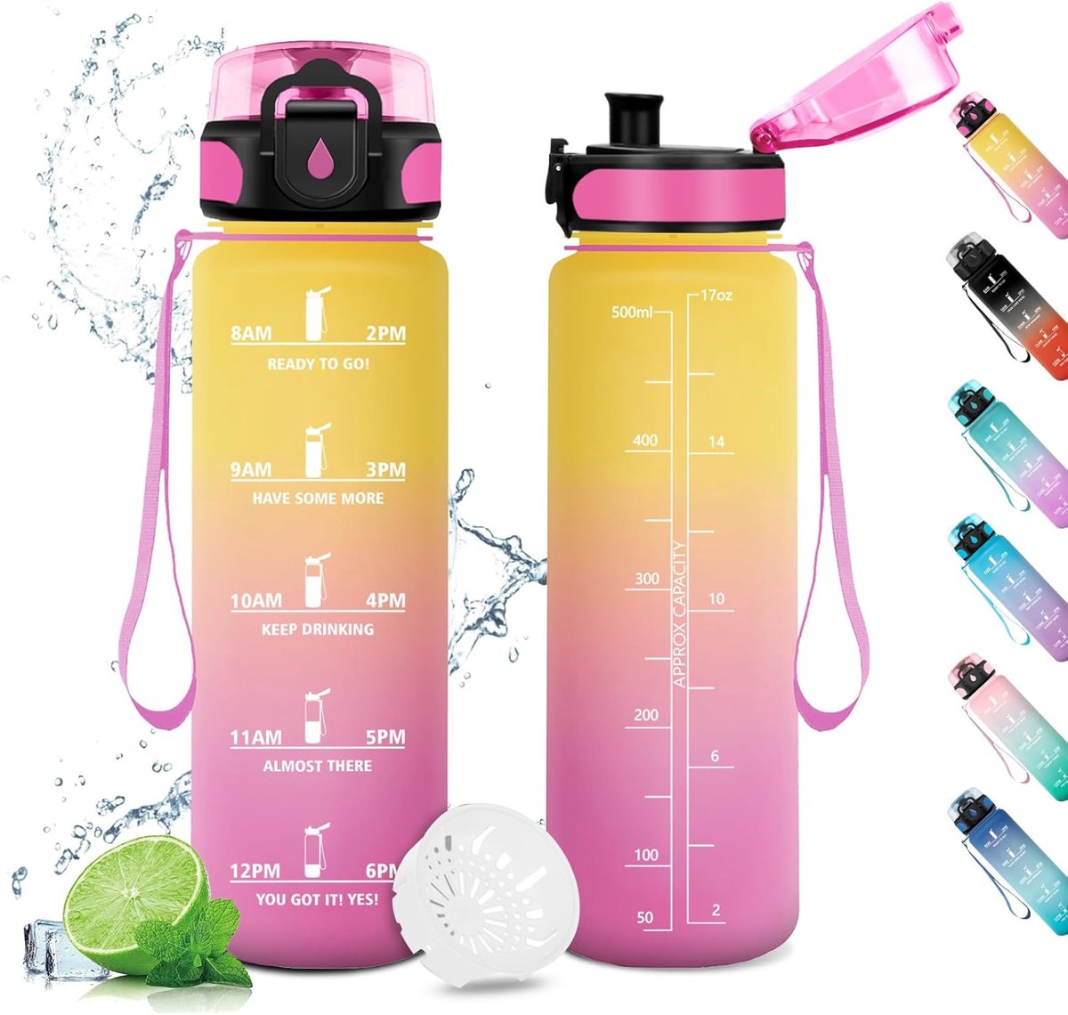 500 ml, sportdrinkfles, geschikt voor koolzuurhoudende dranken, lekvrij, drinkfles voor fiets met tijdmarkering en filter, voor kinderen, outdoor, camping, kantoor, sport, fitness