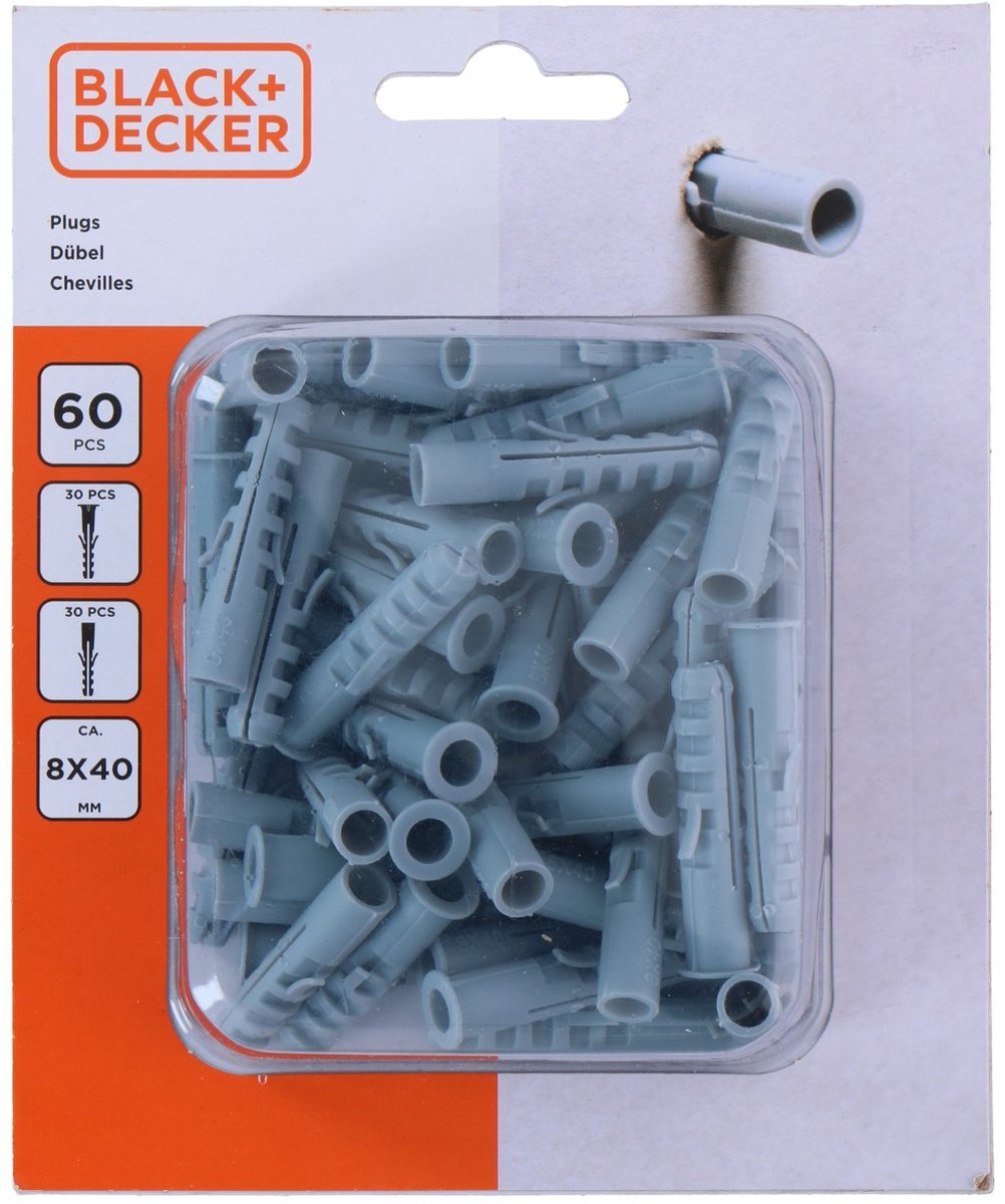 BLACK+DECKER pluggen 8x40mm - 60 stuks - geschikt voor meerdere soorten ondergronden - eenvoudig en snel te plaatsen - zorgt voor een betrouwbare verankering - gemaakt van kunststof - kleur grijs