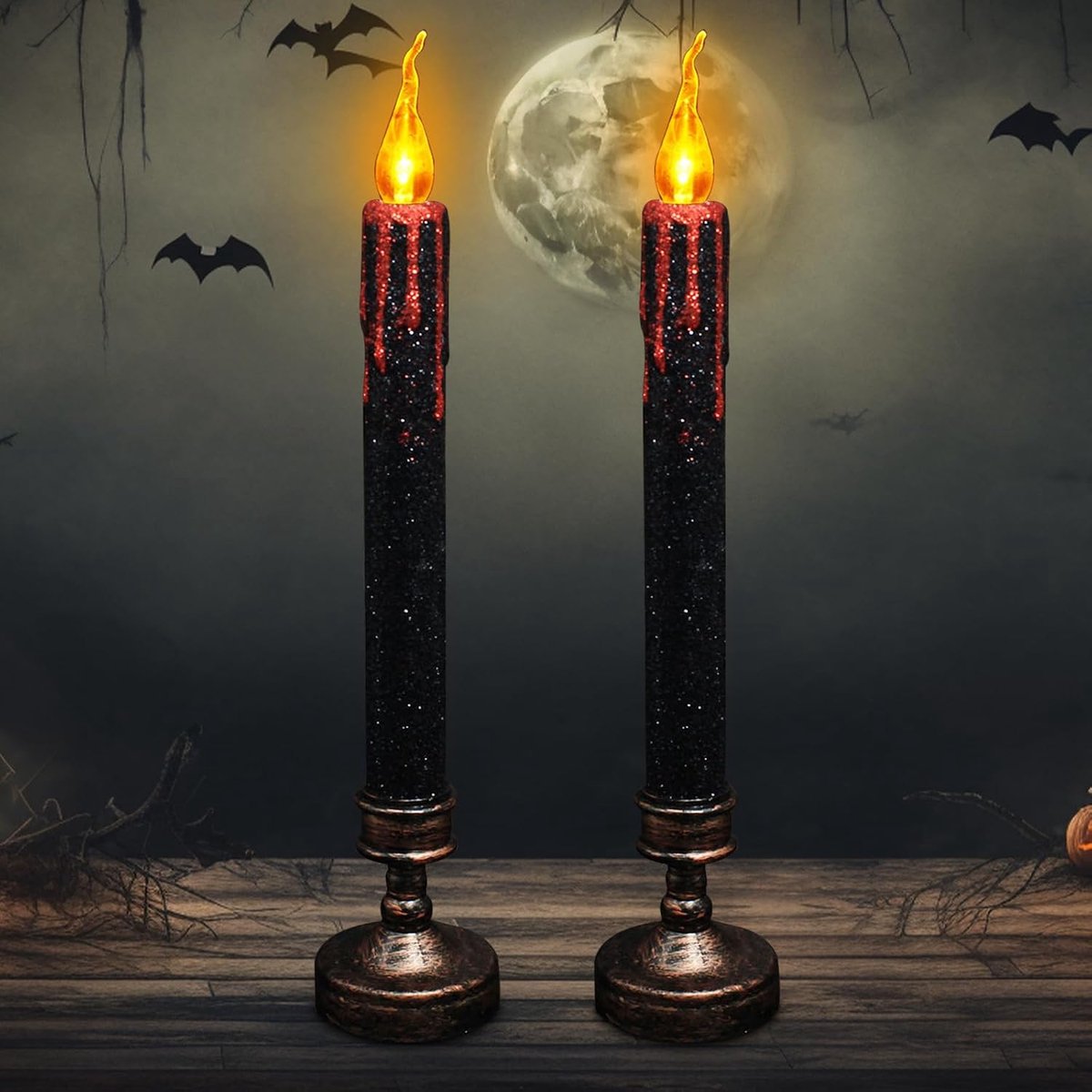 UOY Halloween Decorative Candles, 2 Pieces, Halloween Candles with Holder, Flameless Halloween Decoration, Stick - ShopVlot