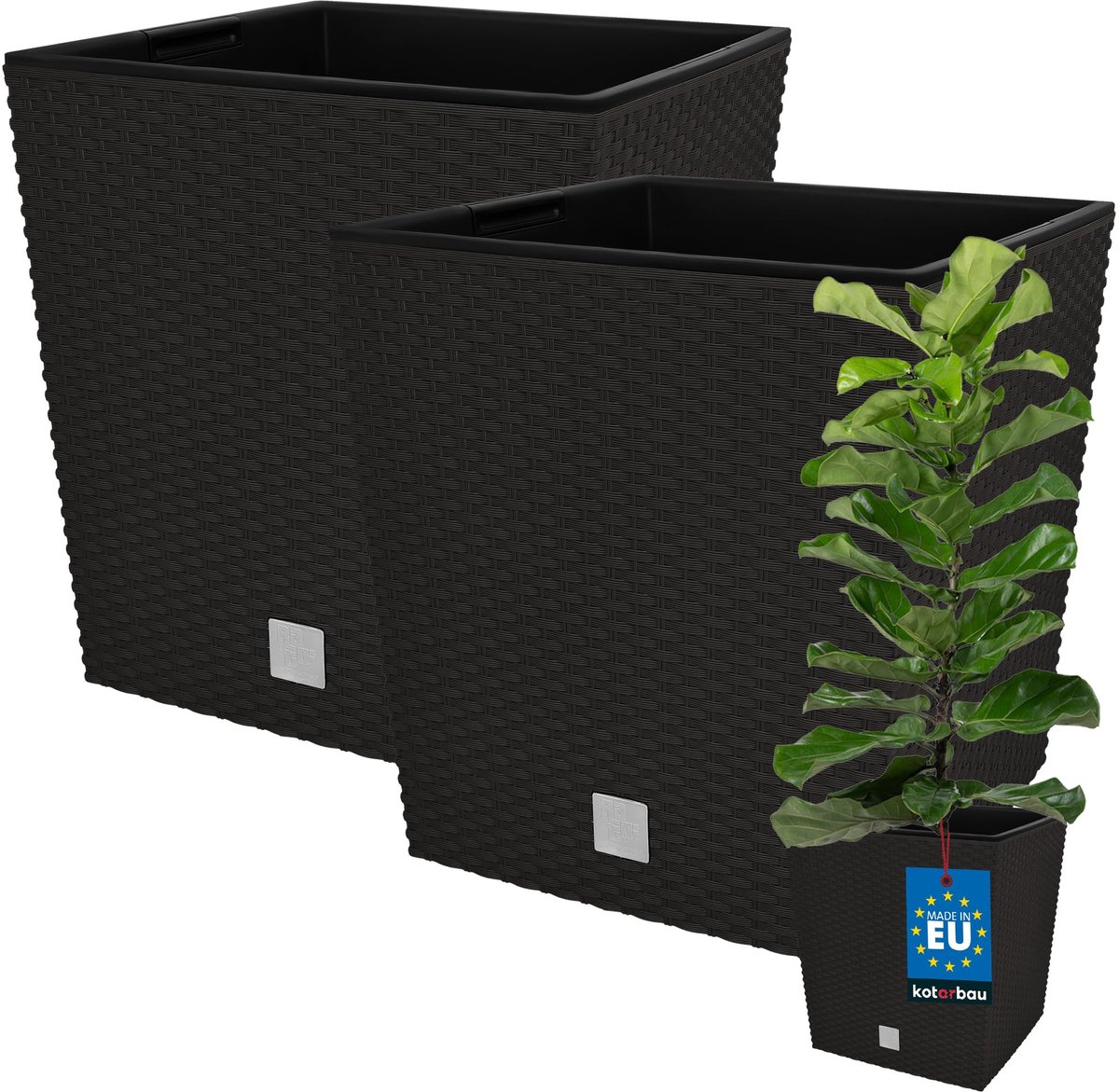 KOTARBAU® Vierkante Bloempot met Inzetpot - Vierkante Plantenbak 32x32 cm 2 Stuks - Plantenpot 32 L - Plantenbak - Kunststof - Rotanlook - Umbra