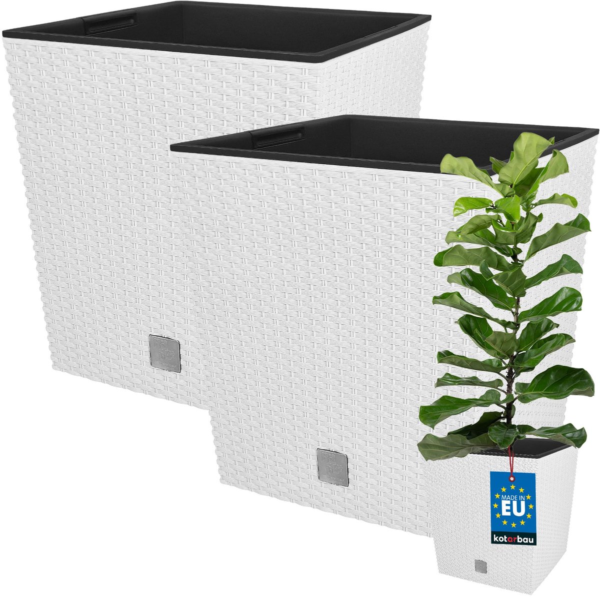 KOTARBAU® Vierkante Bloempot met Inzetpot - Vierkante Plantenbak 32x32 cm 2 Stuks - Plantenpot 32 L - Plantenbak - Kunststof - Rotanlook - Wit