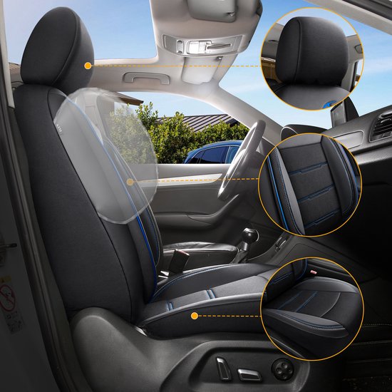 Auto-interieur met stoelhoes, inclusief cirkelvormige inzetstukken voor hoofdsteun, zitting en zijairbag.