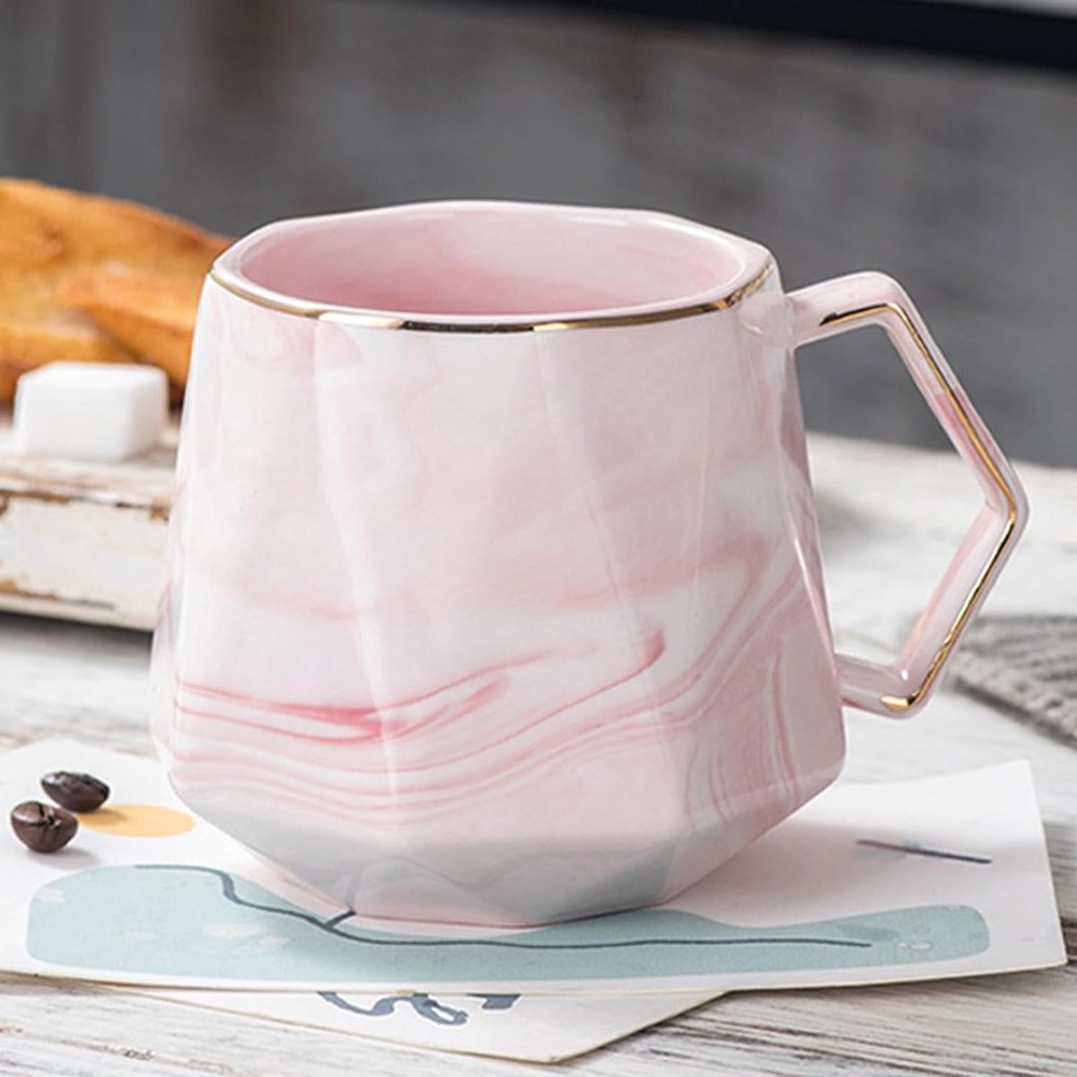 400 ml, gemarmerd, keramiek, hoekig design, minimalistisch en elegant, een uitstekende keuze om cadeau te geven (roze)