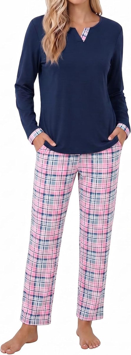 Damespyjama met V-hals en geruite broek