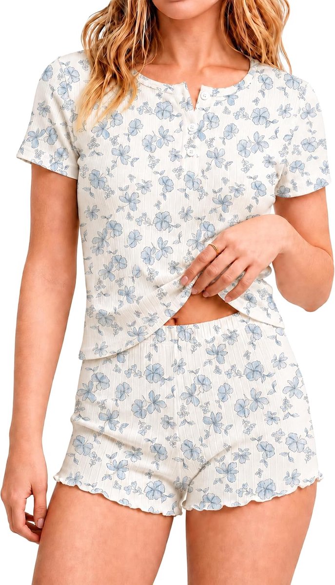 Pyjama voor dames, zomer, pyjama, katoen, korte pyjama, dames, 2 stuks, met shorts, casual, thuis, pyjama, ademend en comfortabel, maten S-XL
