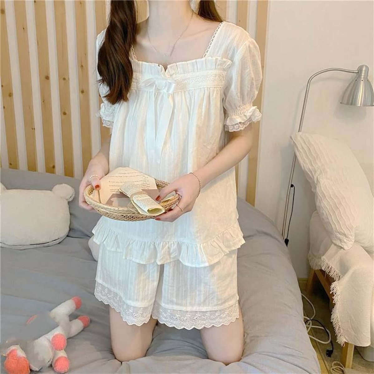 Pyjamaset Met Lente-Ruches Voor Dames - Mode Vierkante Kraag Sweet Court-Stijl Prinses Katoenen Kant Loungewear Tweedelige Set, Mode Zachte Kanten Nachtkleding Knop Omhoog Versie Nachtkleding Lounge-