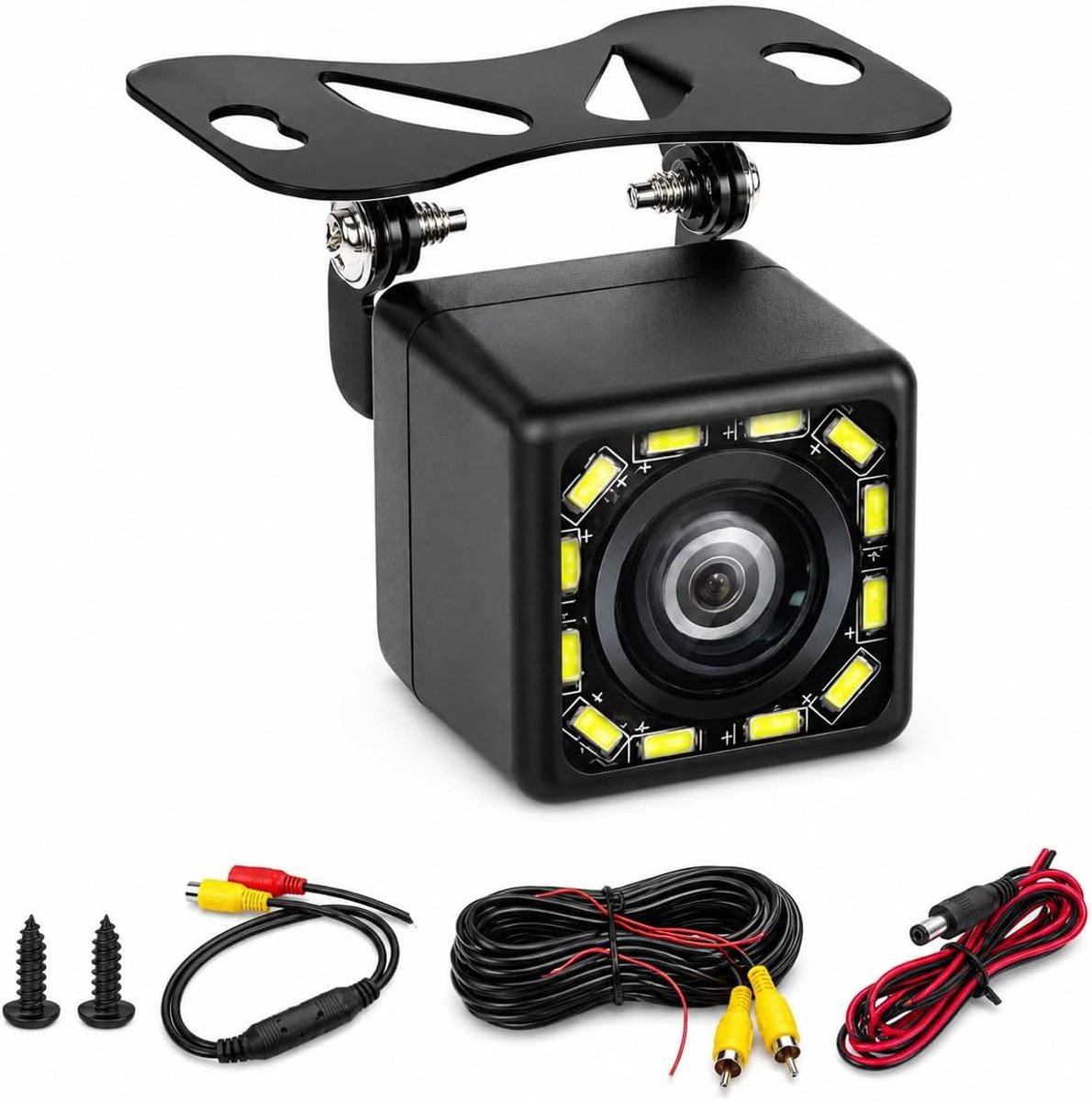 Achteruitrijcamera HD 1080P waterdichte achteruitrijcamera met nachtzicht, 170° groothoek en 12 LED, 6 m kabel, 12V-24V voor parkeerhulp voor auto, vrachtwagen, camper, aanhanger