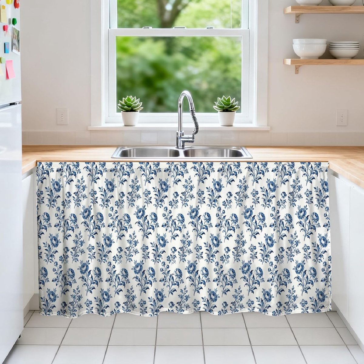 Gordijnen voor kasten, 130 cm, lange gootsteengordijnen voor de keuken, gordijnen voor kasten met retro bloemenpatroon voor slaapkamer, badkamer en bijkeuken