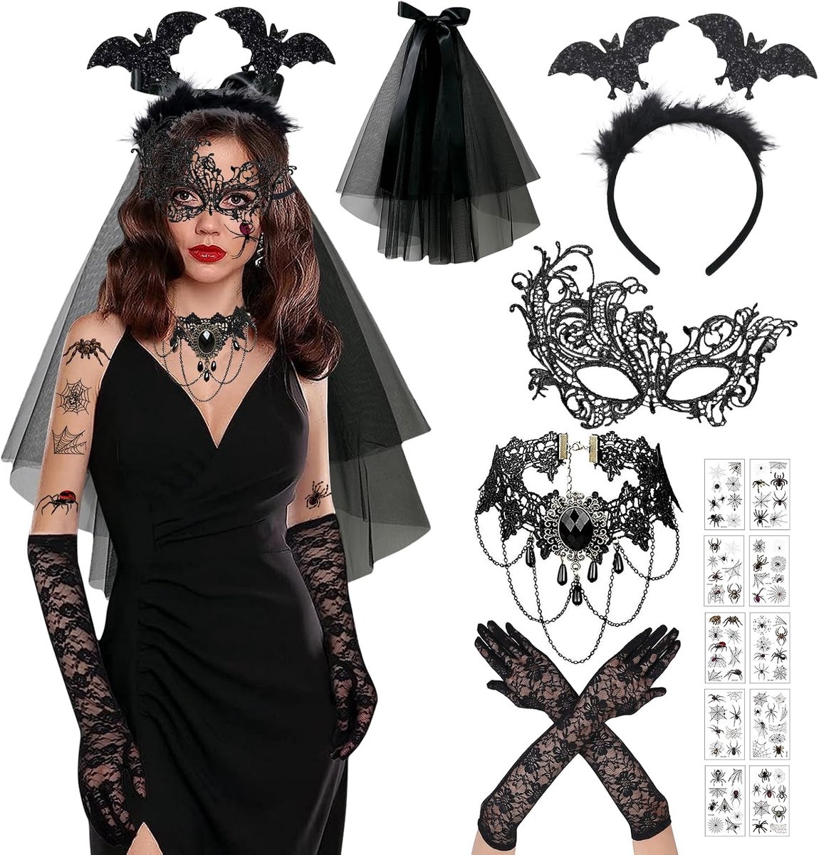 5 stuks Halloween Steampunk damesaccessoires met kanten handschoenen vrouwen/Venetiaans masker/Gothic Jewelry Necklace/Halloween haarband/tattoo-stickers voor maskerade, cosplay, feest enz