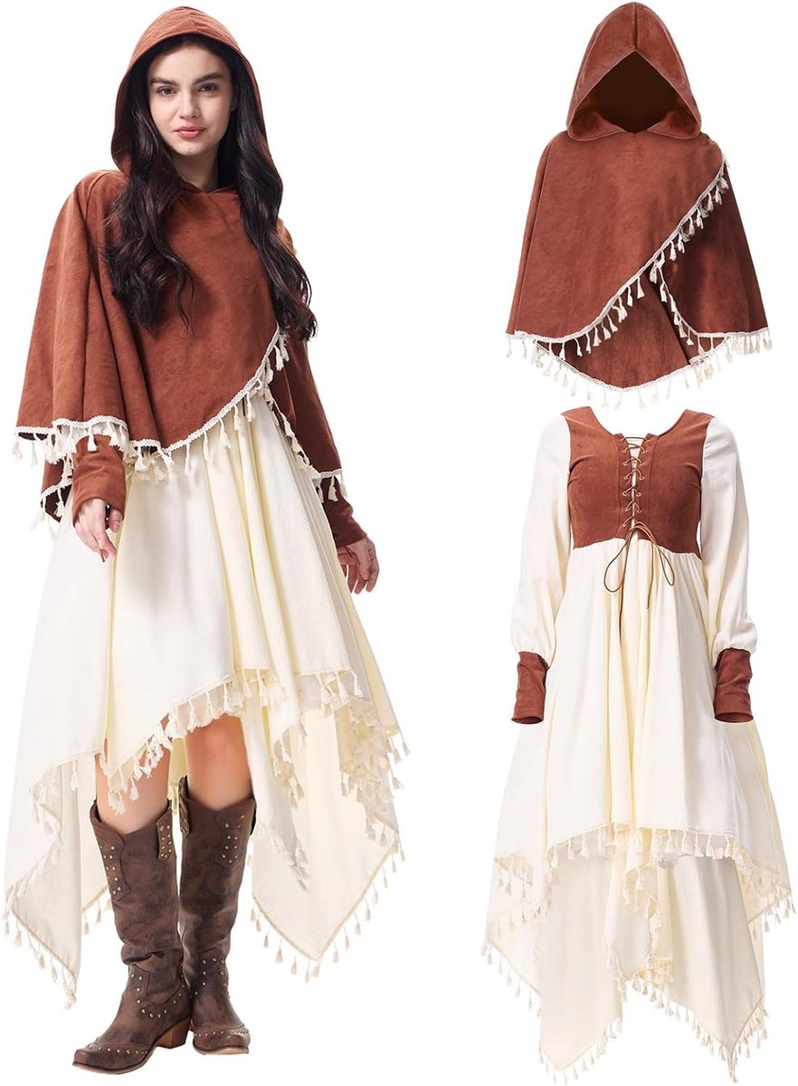 Renaissance-jurk voor dames, middeleeuwse jurk voor dames, vintage, beige, bruin, renaissance-jurk, afneembaar
