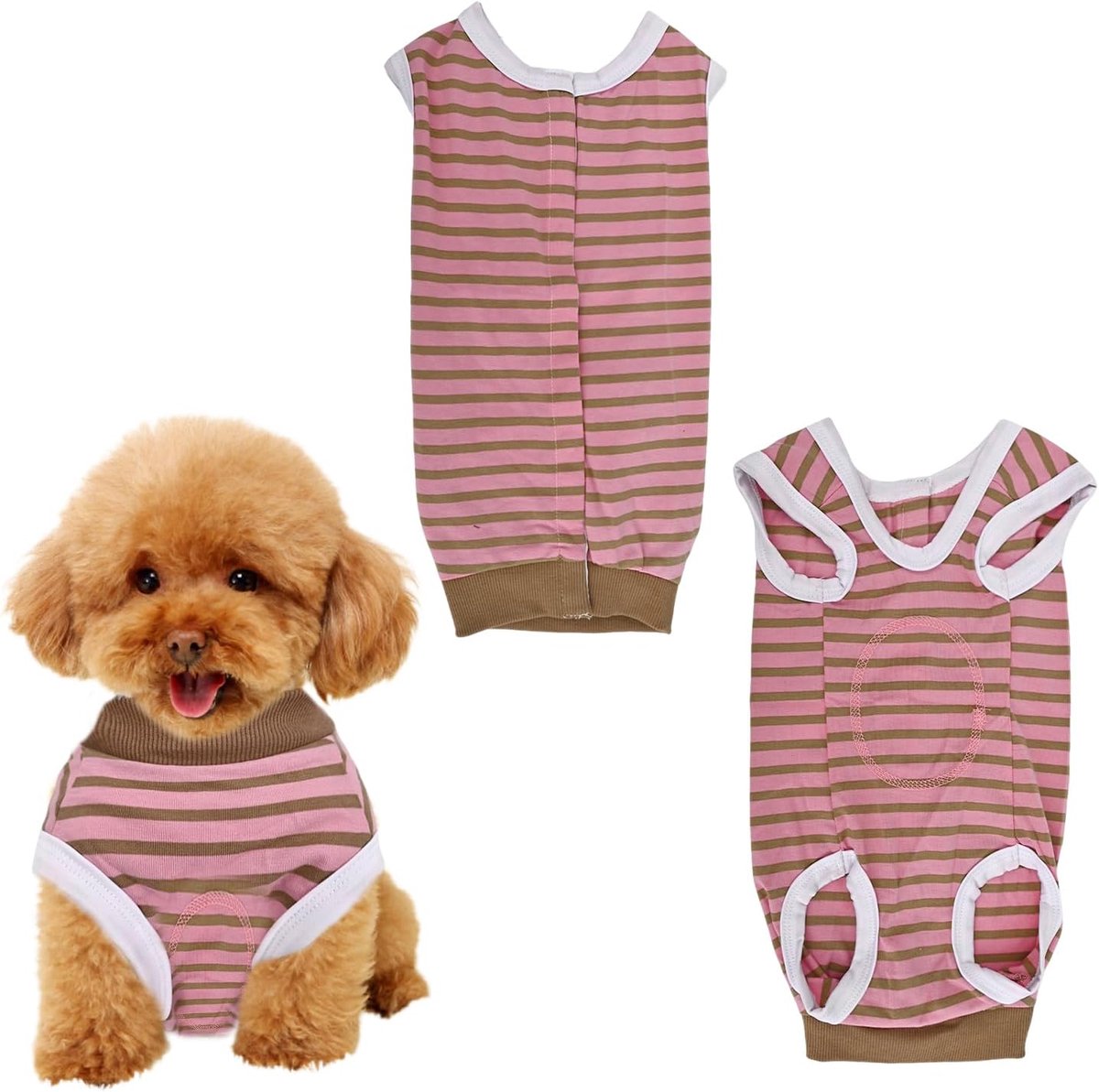 Herstelpak na operatie, Beschermend hondenpak tegen lekkage, Zachte Bodysuit (Roze & Bruine Strepen, M)