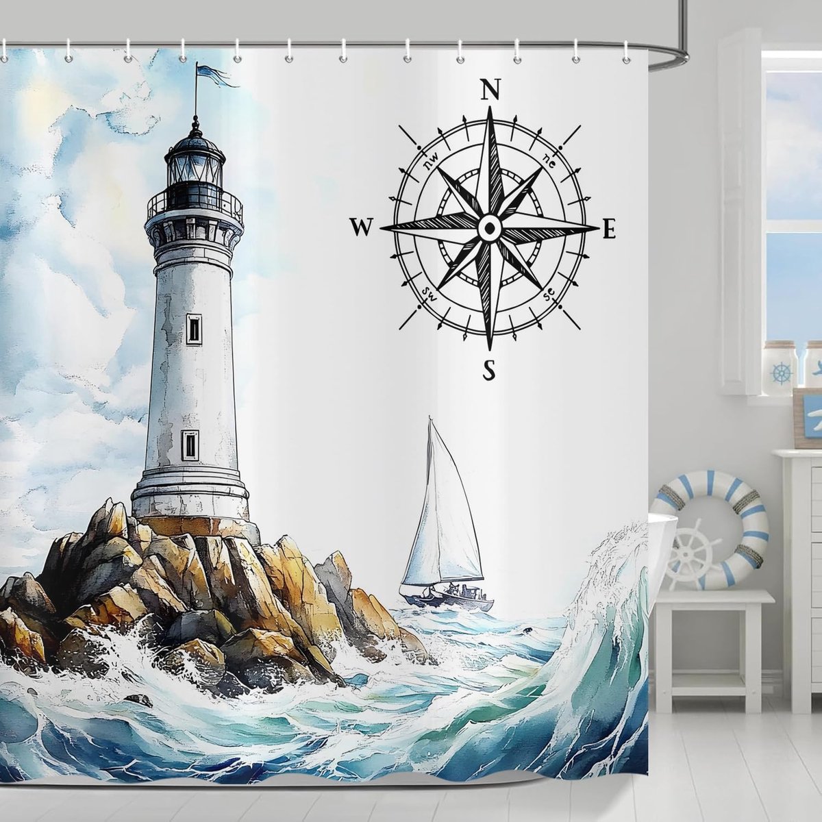 Kust Douchegordijn, 180 x 200 cm, oceaan, strand, vuurtoren, zee, zeilboot, kompas, golven, maritiem, waterdicht, badgordijn, polyester textiel, wasbaar, douchegordijnen voor badkuip