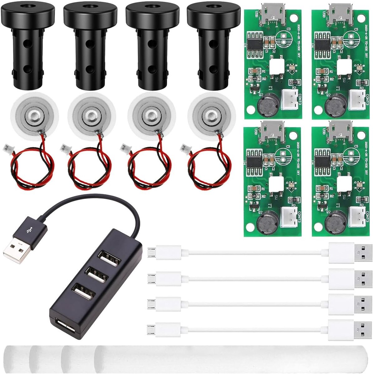 4 stuks USB-luchtbevochtiger-module, doe-het-zelf ultrasone mistgenerator met micro-USB-kabelhouder, 10 mm wattenstaafjes, USB-verlengkabel