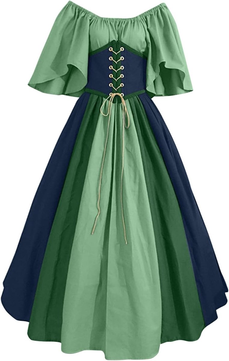 Halloween-jurk voor dames, retrostijl, effen, trompetmouwen, lange prinsessenjurk