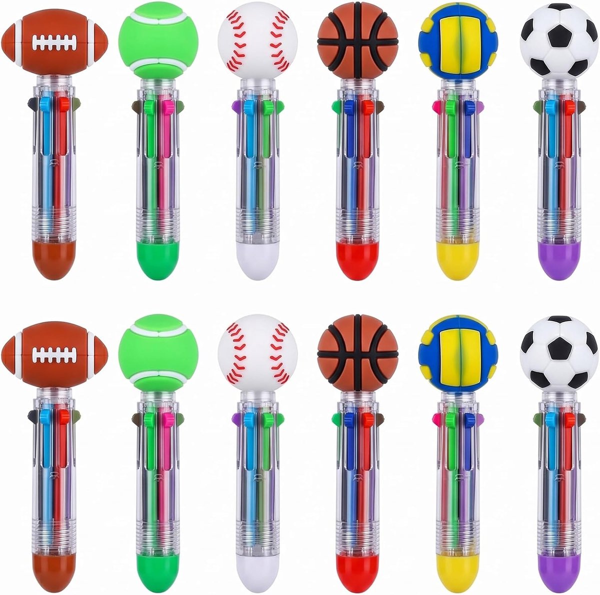 Balpennen, 4 kleuren in 1, kleurrijke pennen met sportbaldesign voor geschenken, verjaardag, kinderen, school, intrekbare balpen, 0,7 mm, voor schoolbenodigdheden en details voor