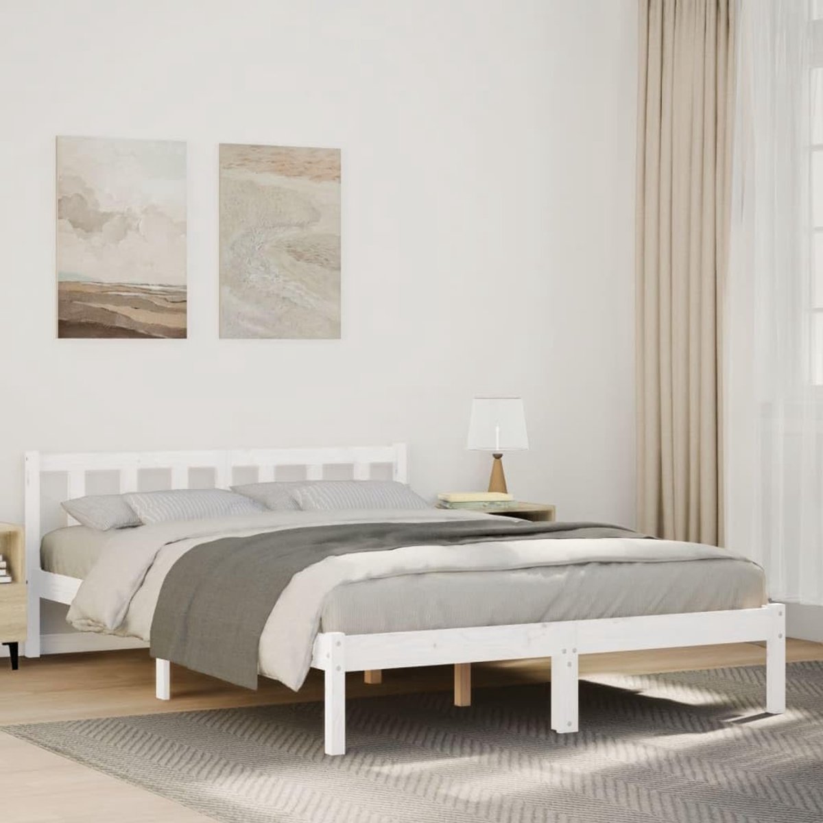 Grenenhouten bedframe met lattenbodem extra lang wit 140x210 cm