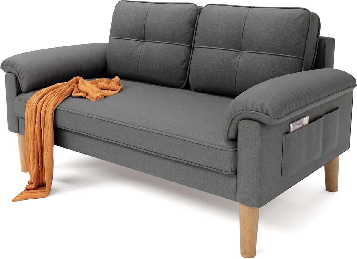 2-Zits Bank Met Armleuningen En Zijvakken, Compact Modern Zitbank Voor Woonkamer, Huis En Kantoor, Eenvoudige Montage, Afmetingen 144 X 77 X 77 Cm, Kleur Donkergrijs