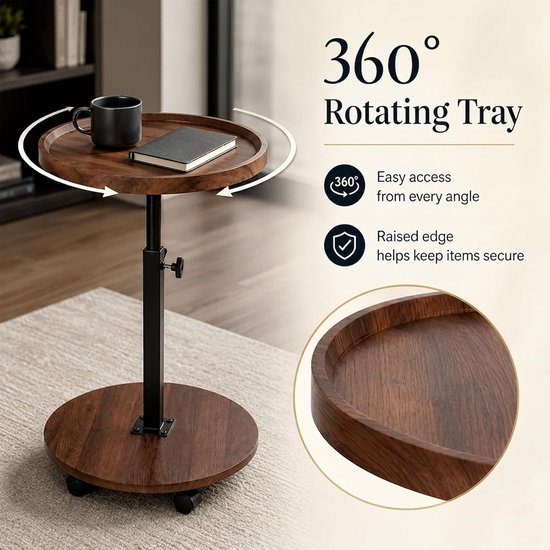 Bijzettafel, rond, met wieltjes, in hoogte verstelbaar (45-80 cm), ronde houten bijzettafels, 360° draaibaar, walnoothouten afwerking, kleine salontafel voor woonkamer, bank (walnoot) — afbeelding 4