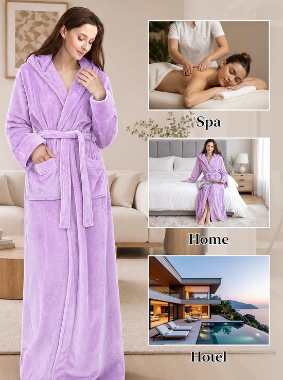 Long Hooded Robe for Women Luxurious Flannel Fleece Full Length Bathrobe Winter Warm Pajamas Shower Nightgown Light Purple X-Large — afbeelding 3