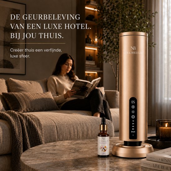 Gouden Nira Breeze aroma diffuser met digitale display en timerinstellingen. Naast een olieflesje 'Sirvent Orchid & Rose'.