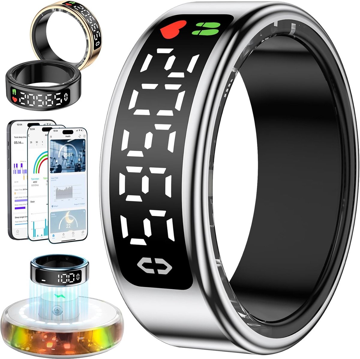 2025 nieuwe Smart Ring voor heren, intelligente ring voor heren, met pantalla, smartring Health IP68 met iOS en Android, fitnesstracker/slaap/stress/hartslag, SpO2/HRV (zilver, 12)