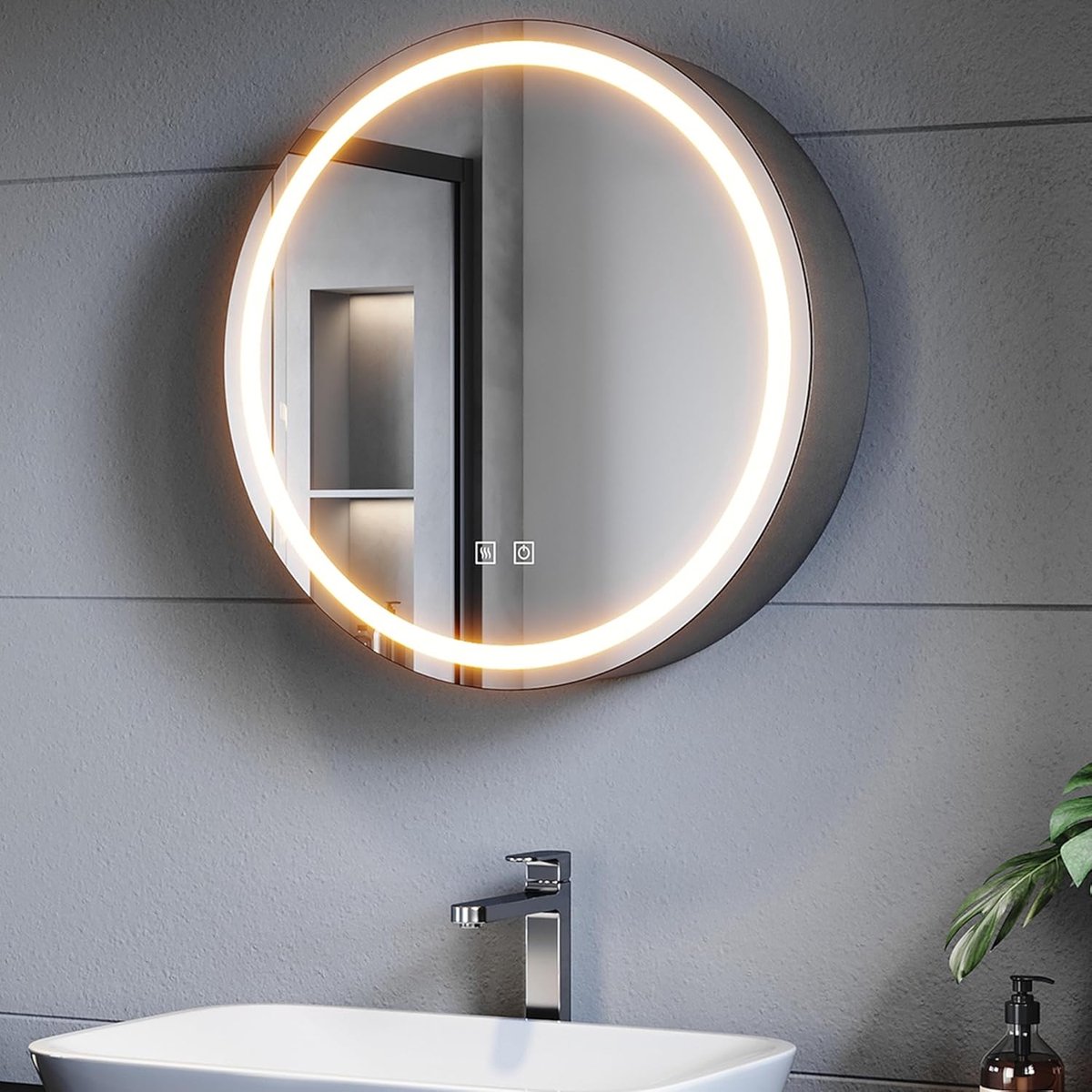 Spiegelkast voor badkamer, met verlichting, metalen led-spiegelkast, zwart, met touch-schakelaar, 3 lichtkleuren instelbaar, condensvrij, diameter 60 cm, rond