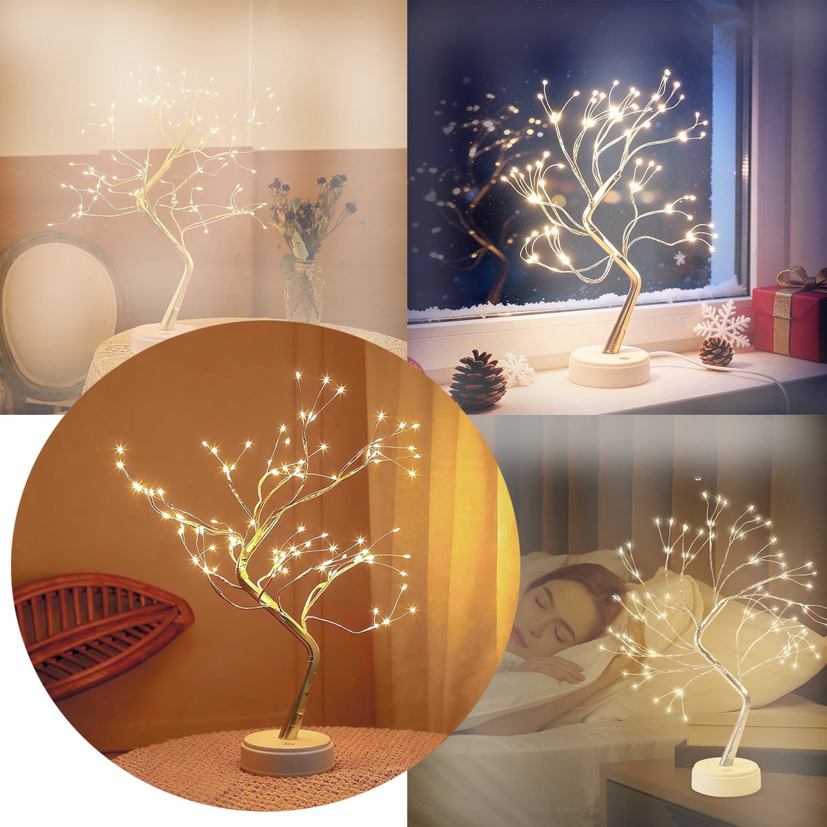 Tafellamp fairy Tree, Bonsai-Boompje-Lamp Voor Op Tafel, Fonkelende Boom op Usb en Batterijen, Met 8 Verlichtingsstanden.