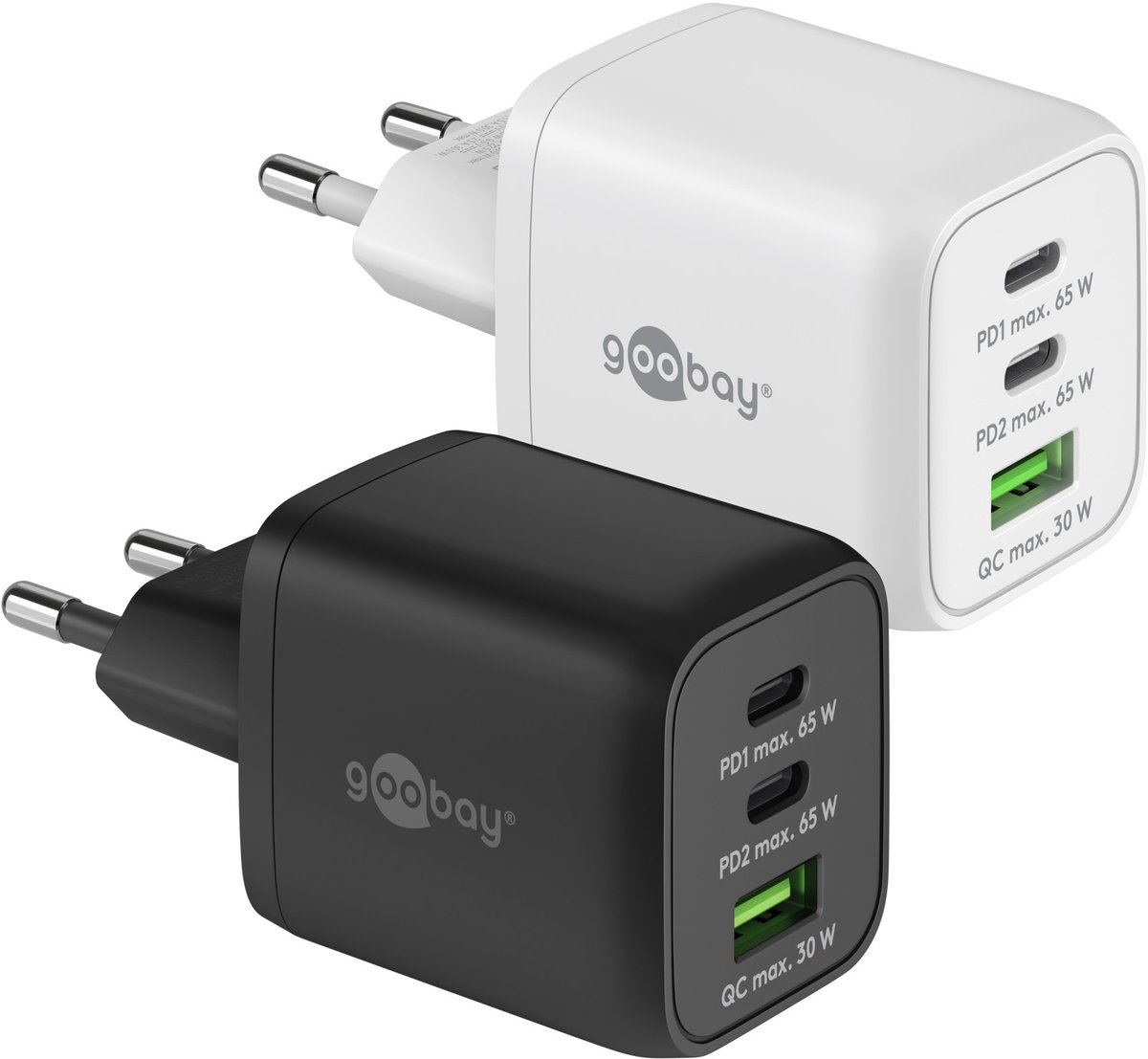 Goobay 65 W USB-C PD GaN multiport snellader Nano zwart, 2x USB-C poorten (Power Delivery) en 1x USB-A poort (Quick Charge 3.0)