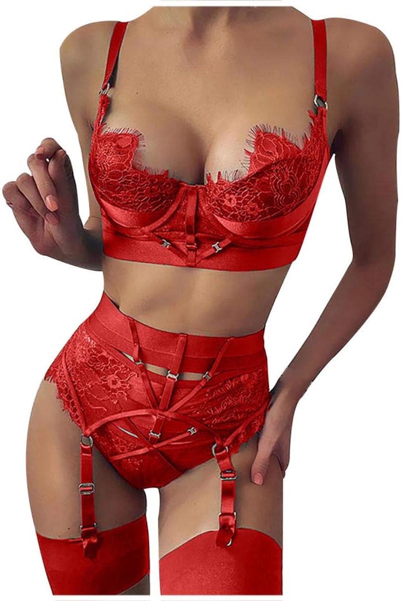 Lingerie voor dames V-hals transparante lingerie met jarretelgordel lingerie bodysuitDames Lingerie Borduurwerk Wimpers Kant Dames Sexy Lingerie Kant Verleiding Pyjama Kousenband-red_XL