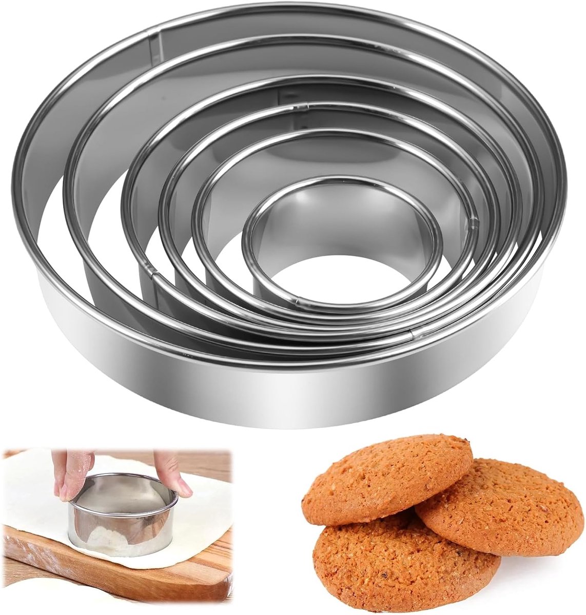 Koekjesvorm - 6-delige Ronde Set - Geschikt voor Koekjes Donuts en Muffins - Roestvrijstalen Ronde Uitstekers - 6 Stuks