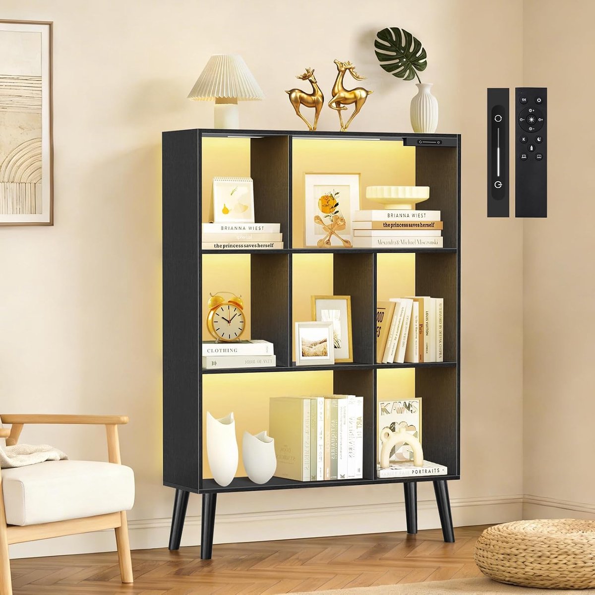 7-Kubus Boekenkast met LED, Dimbaar, Touch & Afstandsbediening, Vrijstaand Houten Rek, Open Opbergkast, Displayrek voor Woonkamer, Slaapkamer, Kantoor