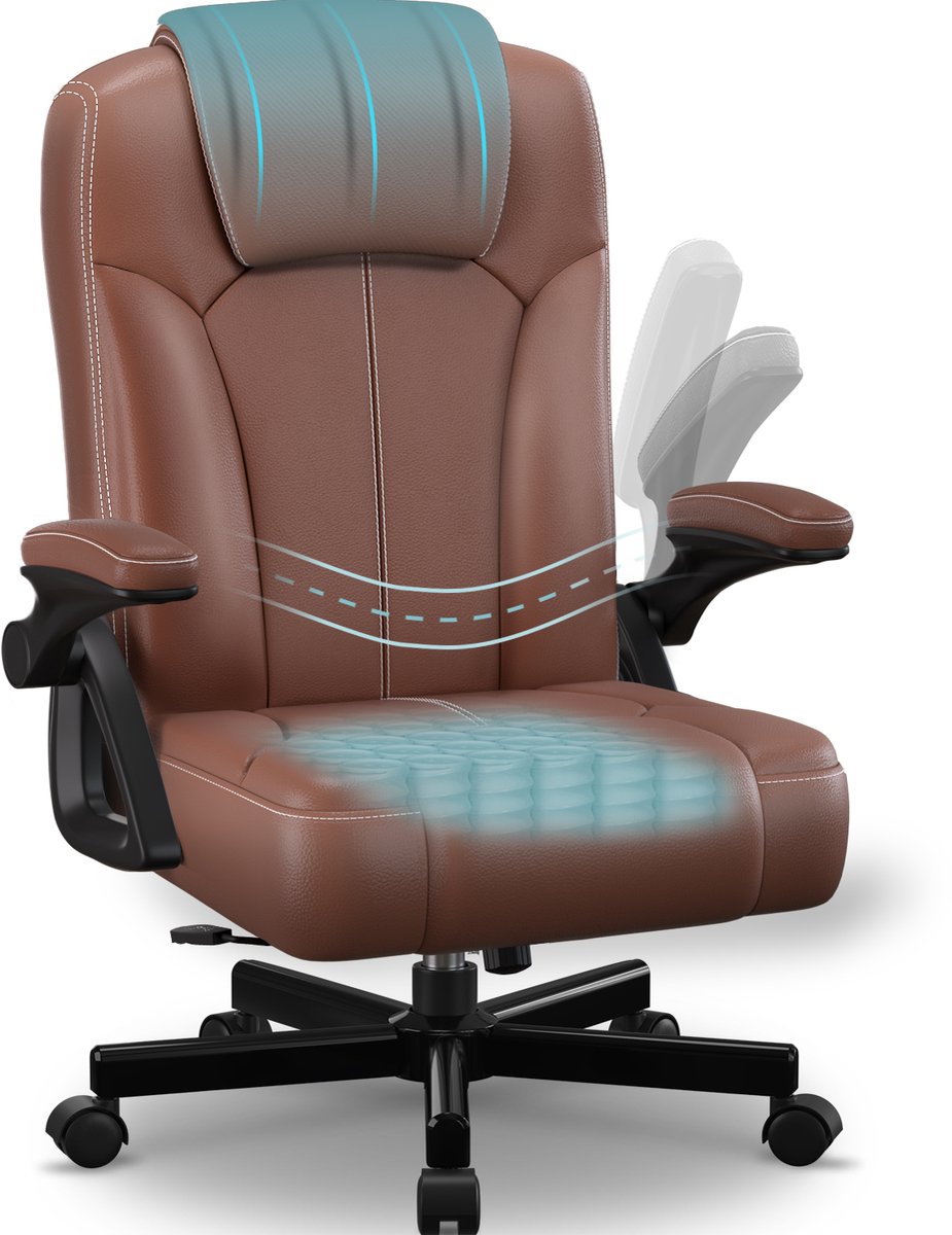 Hiazurm Bureaustoel - Ergonomische Bureaustoel - Comfortabele Kantoorstoel met S-vormige Rugleuning - 90° Opklapbare Armleuningen - Memory Foam Zitkussen - Verstelbare Rugleuning 90°-120° - 150 kg - Bruin