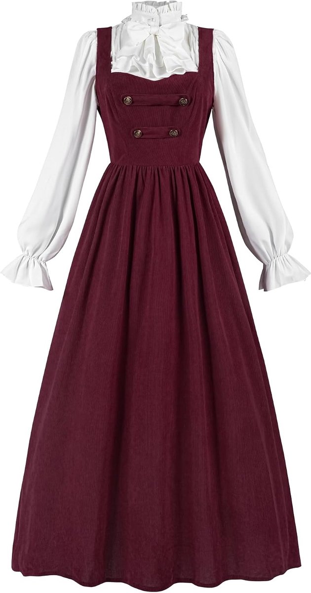 Jurk voor dames, 2-delig kostuum, rode corduroy vestjurk en blouse met lange mouwen en jabot