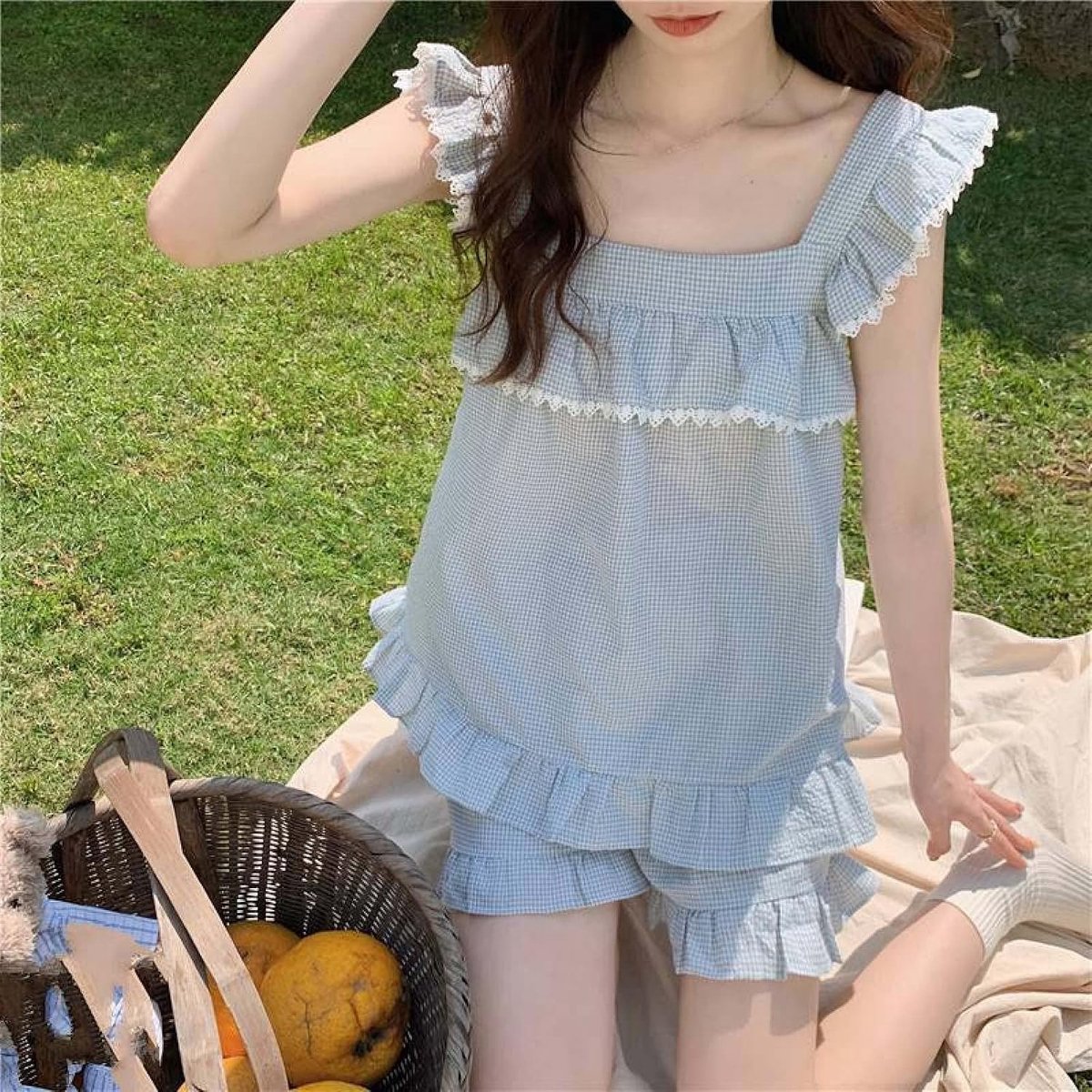 Vierkante Kraag Loungewear Set - Lente Girly Lief En Schattig Leeftijd-Verminderende Geruite Print Bretels Homewear Nachtkleding,Mode Losse Korte Mouw Gezellige Mooie Pyjama Stijlvol Sleepshirt