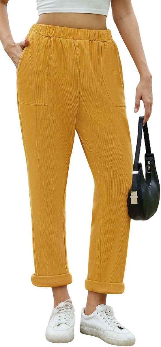 Corduroy broek voor dames, hoge corduroy broek, elastische tailleband, winterbroek, casual, vintage, wijde broek, effen, elegant, recht, comfortabel, lang met zakken
