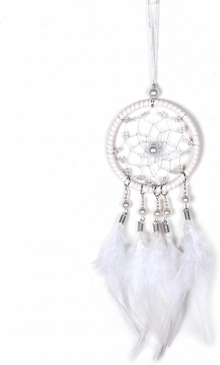 Dromenvanger, wit, met veren, 24 cm, handgemaakt, voor kinderkamer, tieners, meisjes en huis, hangend ornament, boho-chic, traditionele dromenvanger