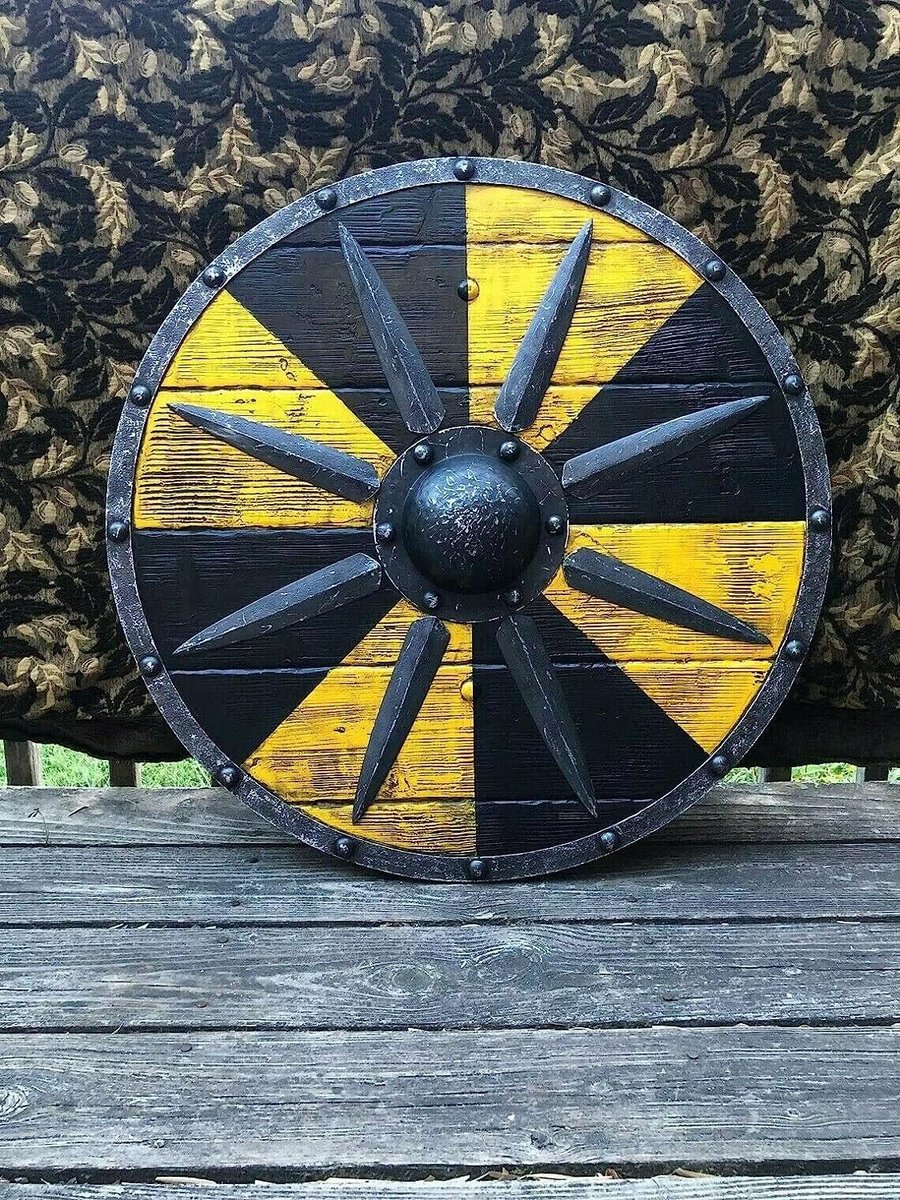 Borg Authentiek Battleworn Shield Viking Shield Helm of Awe Aegishjalmur Middeleeuws, Rond, Gevecht, Krijger, Schild, Houten, Rond, Schild, LARP, Reproductie, Cosplay, Schild,
