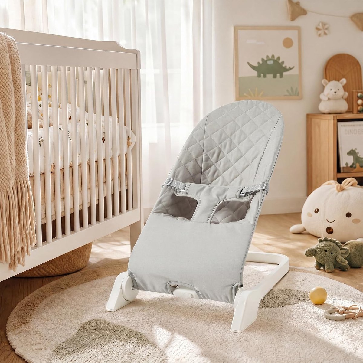 Draagbare babybouncer - grijs - 0-12 mnd - ergonomisch leunstoeltje - zacht schommelend voor baby's