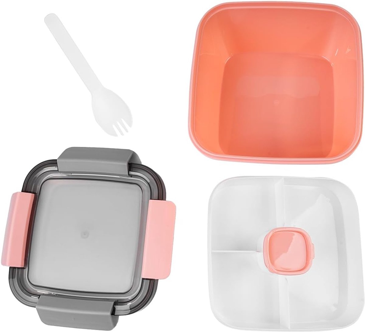 Lunchbox met verdeelde compartimenten, 1,5 l saladebakjes, lekvrij/vaatwasserbestendig, saladekom lunchbox, fruitbakjes voor school/werk/picknickreizen (roze)