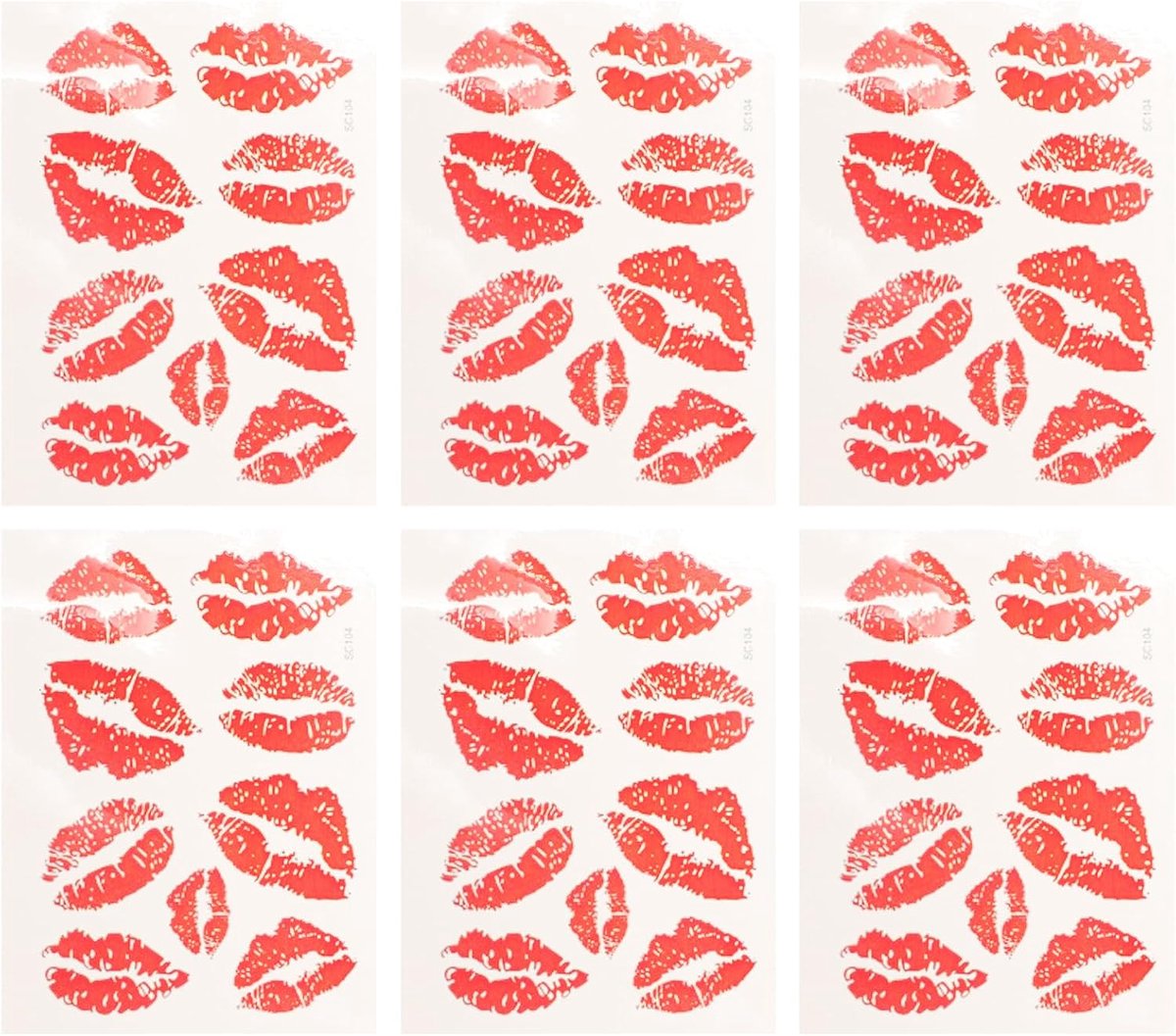 Tijdelijke tattoostickers, lippen, 6 stuks, kusstickers, lippen, stickers voor doe-het-zelf decoratie