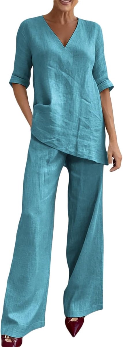 2-delige set voor dames, katoen, top en broek, casual, modieus, chic, elegant, dagelijks gebruik, comfortabel, zacht, A8