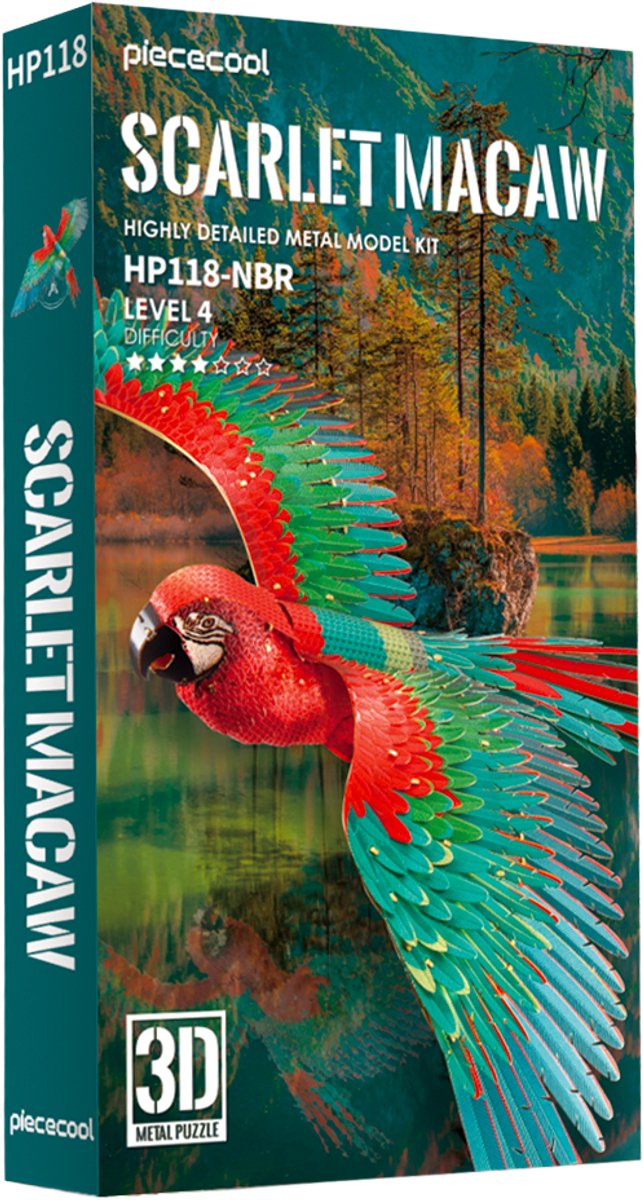 PIECECOOL - Scarlet macaw - Geronimo Games - Hobby - Metalen Model - 3D puzzel - Level 4 - 83 stukjes