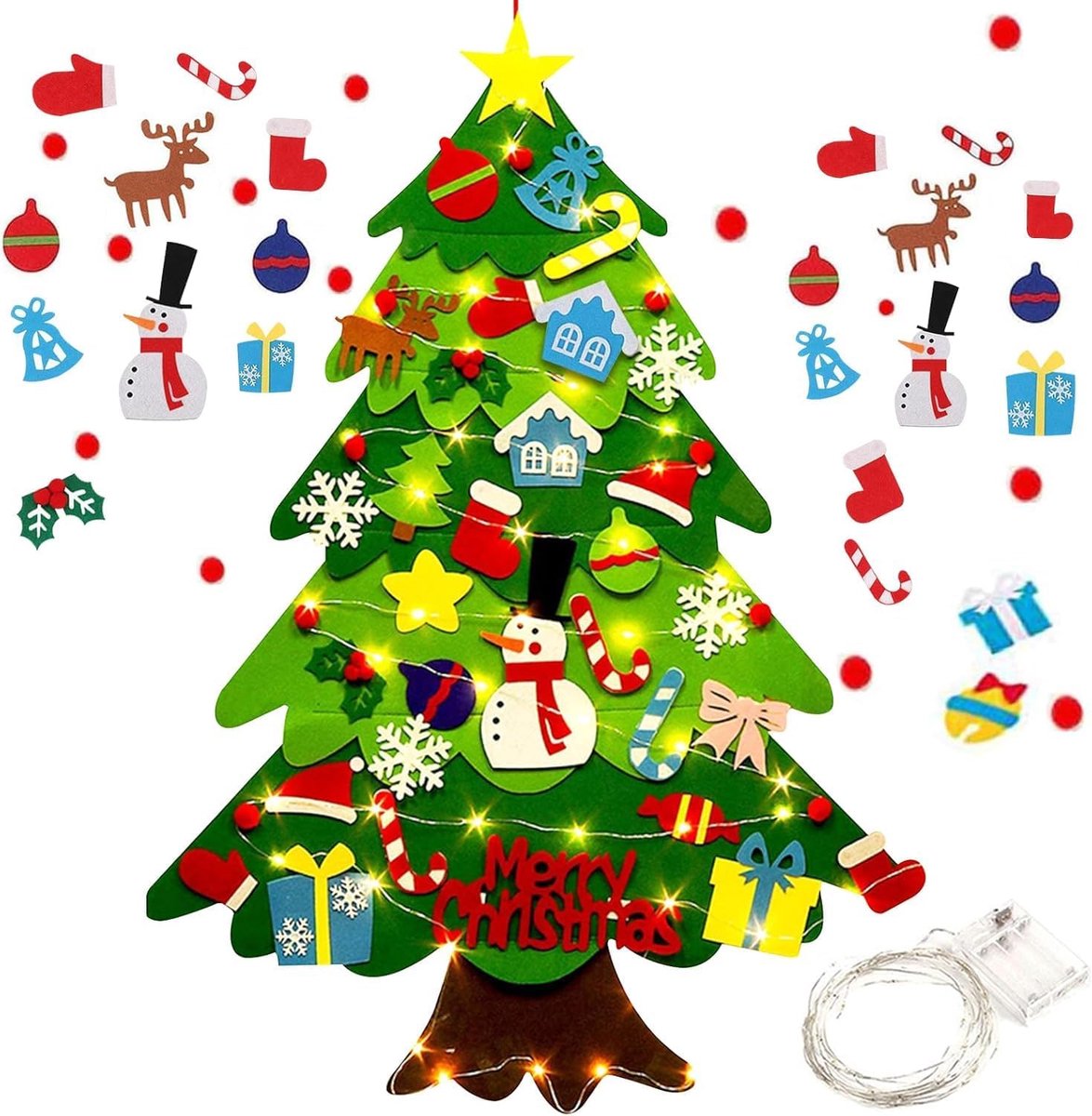 Vilten kerstboom Geschikt Voor kinderen - Ornamenten Hangende - DIY Vilt Kerstboom Geschikt Voor Kinderen - Wanddecoratie Geschikt Voor Kerst - 32 losse versieringen - Herbruikbare - DIY kerstboom decoratie - Met 3 meter lange lichtsnoeren