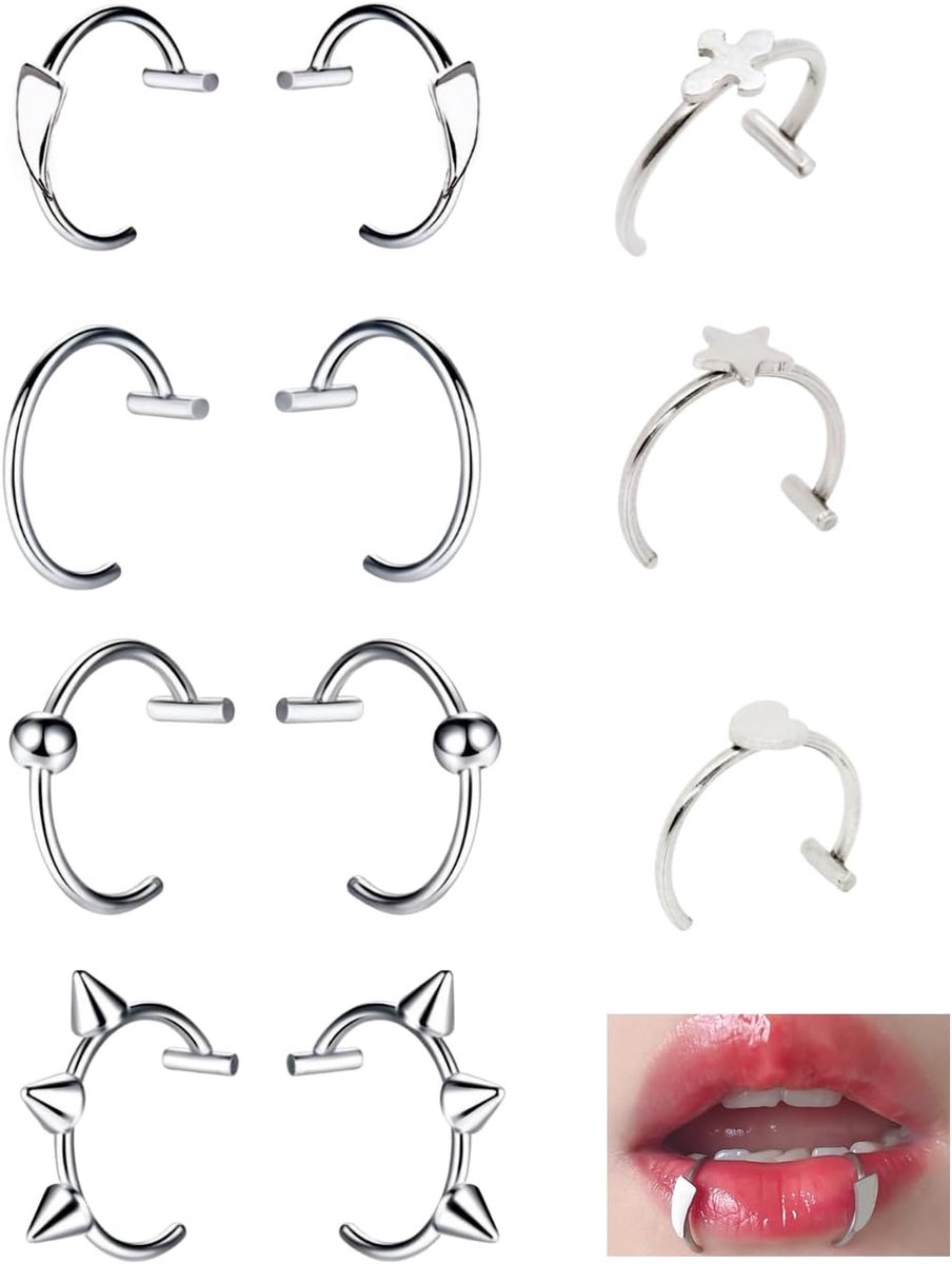 11 x neppiercing voor lip, neus, septum en smiley, zonder gat, herbruikbaar, pijnvrij, uniseks