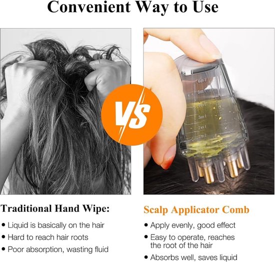 Vergelijking tussen traditioneel aanbrengen van haarolie met de handen en de scalp applicator comb voor gelijkmatige toepassing en absorptie.