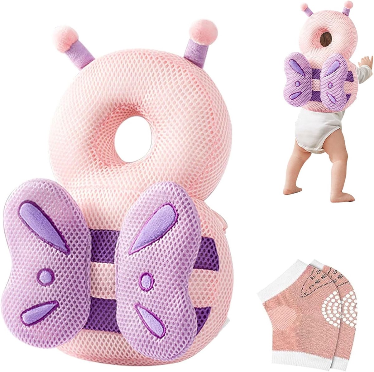 Hoofdbeschermer voor kinderen met kniebeschermers, helm, eerste stappen, ademend, voor pasgeborenen, eerste stappen om te kruipen en te lopen, verstelbaar (vlinder). Het kind kan niet stand