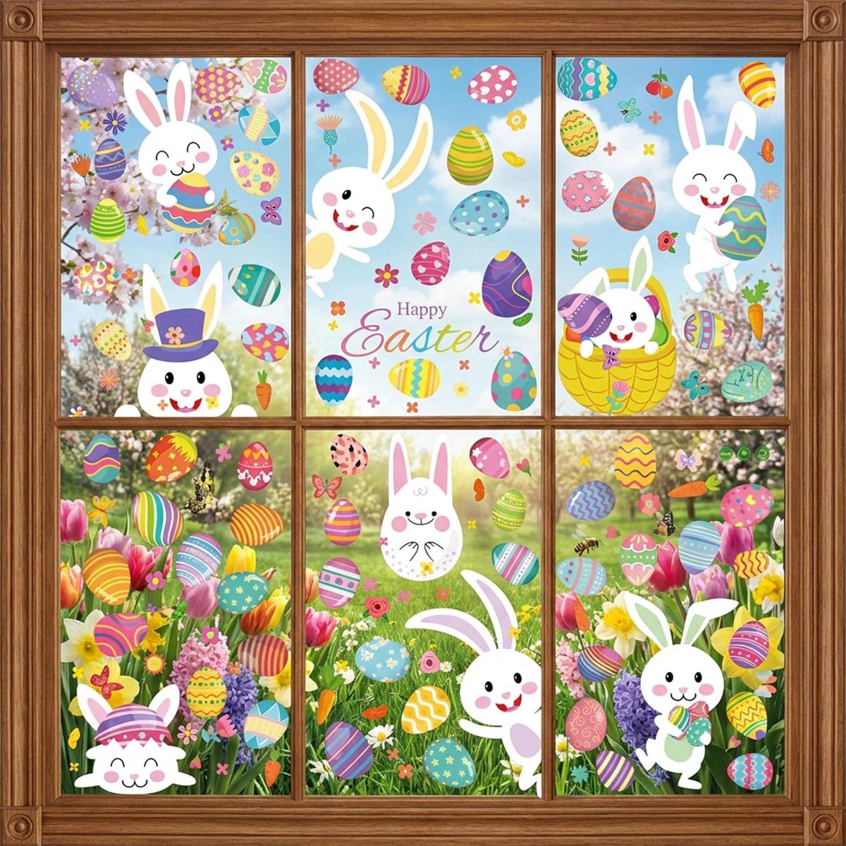 Raamstickers voor Pasen, 9 vellen met hazen en paaseieren, statische raamstickers, lente, paasdecoratie voor ramen, glas, deurstickers